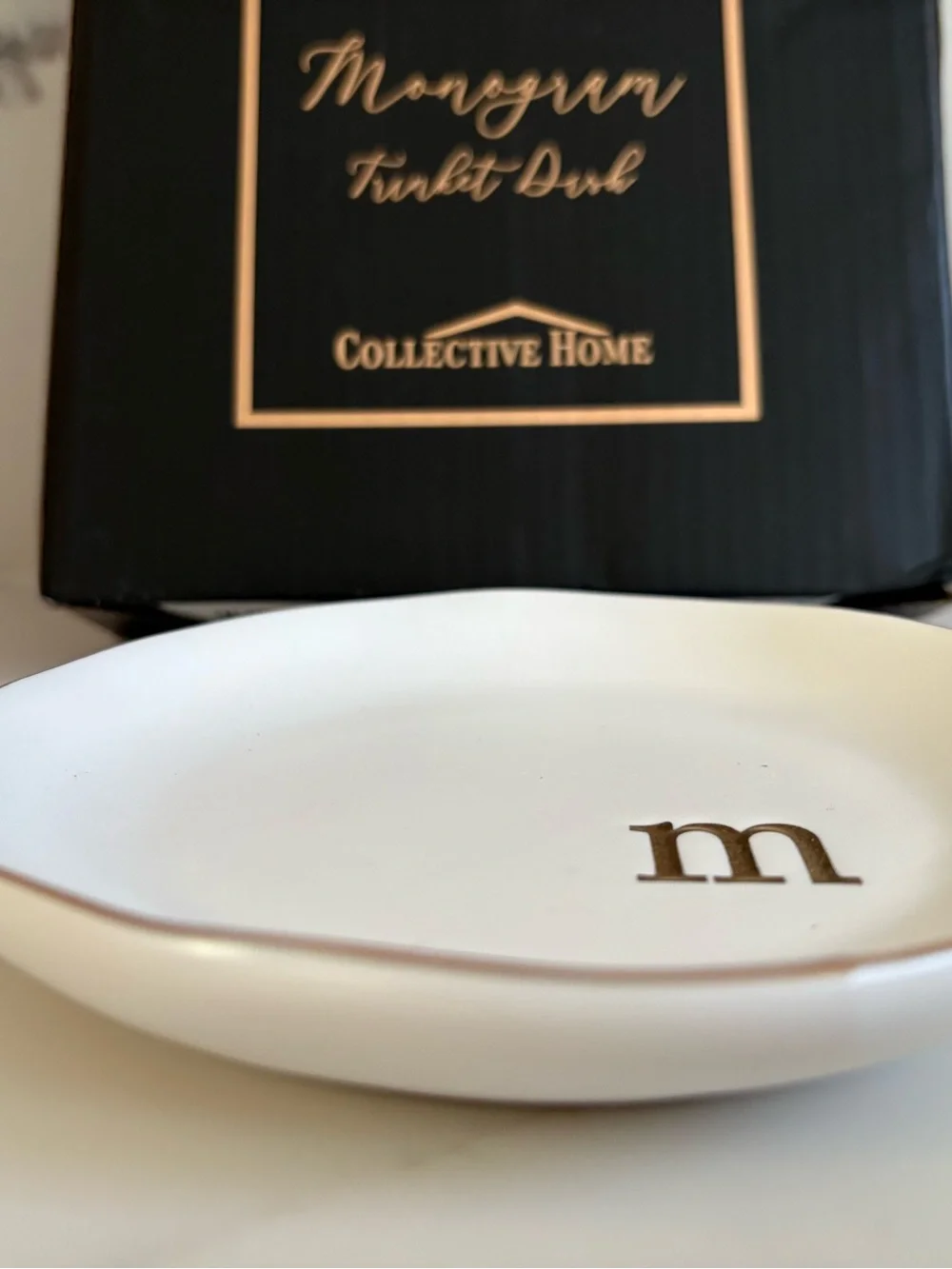 Collective Home Monogram Trinket Dish - Letter M White Gold Rim 4.75in Round